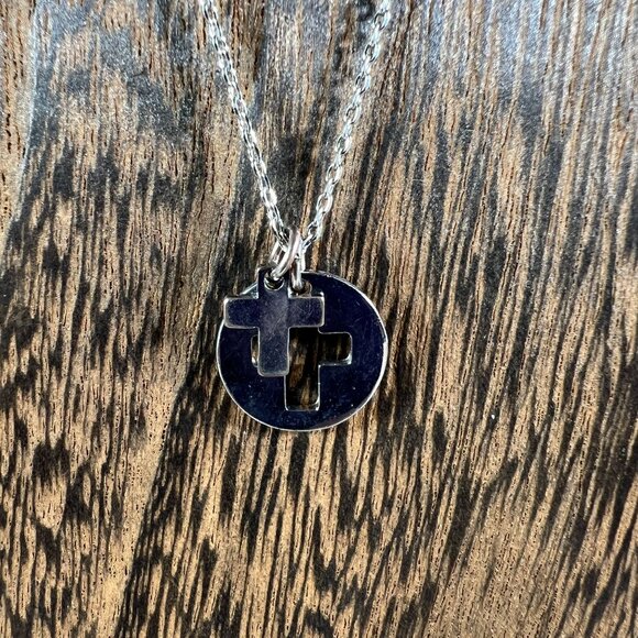 Silver Tone Cross Pendant Necklace With Adjustable Chain Minimalist Design - Picture 2 of 3